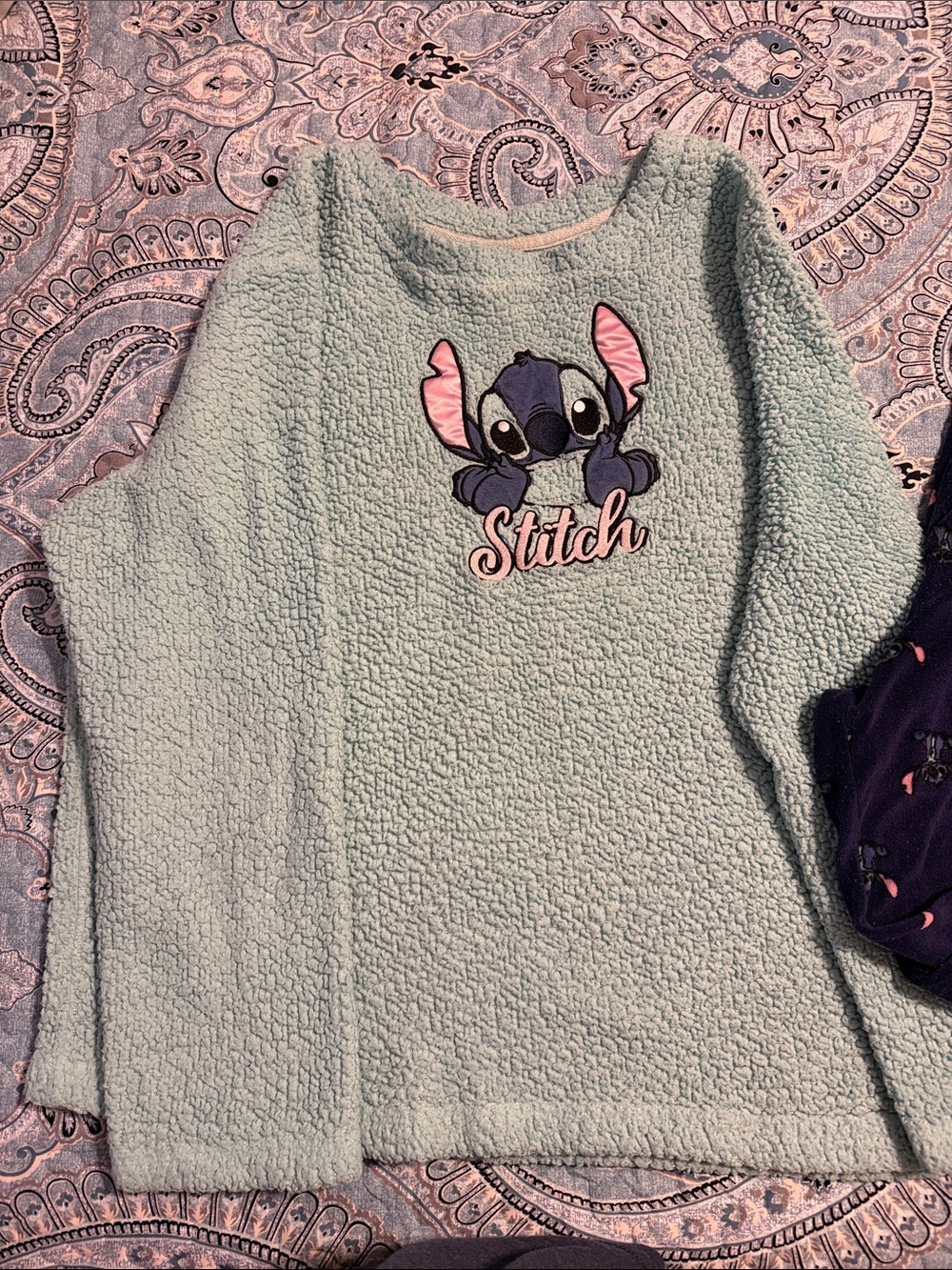 Disney Mint Green Fleece Stitch Pajama Top with Navy Stitch Print Pants - Picture 1 of 6